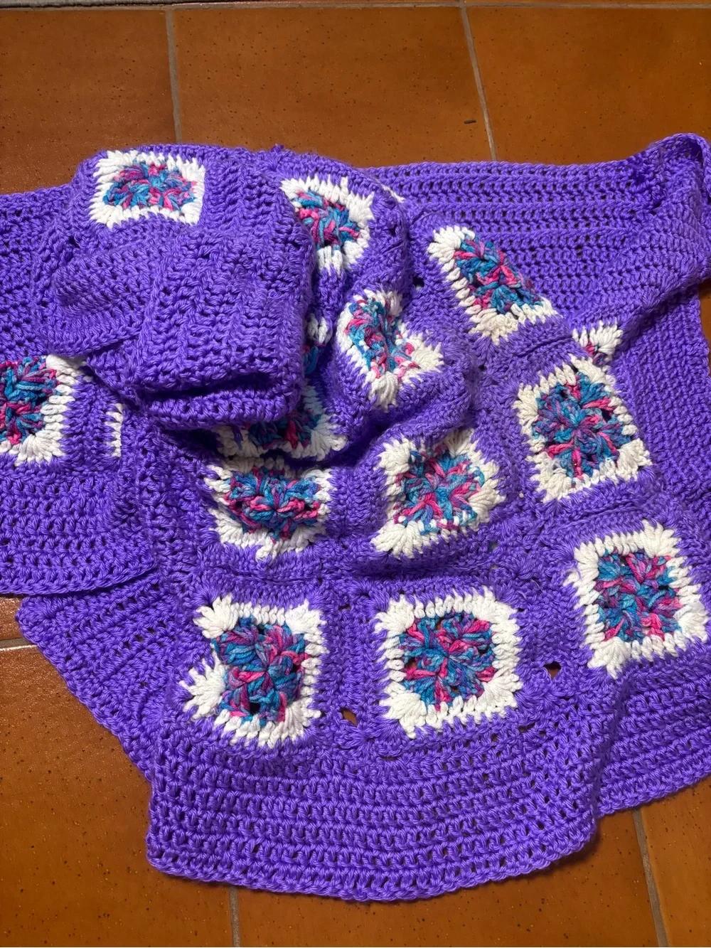 Vintage crocheted purple granny square handmade afghan throw blanket dopamine